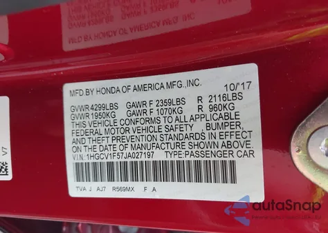 2018 Honda Accord Ex-L z USA, uszkodzony, nr VIN 1HGCV1F57JA027197